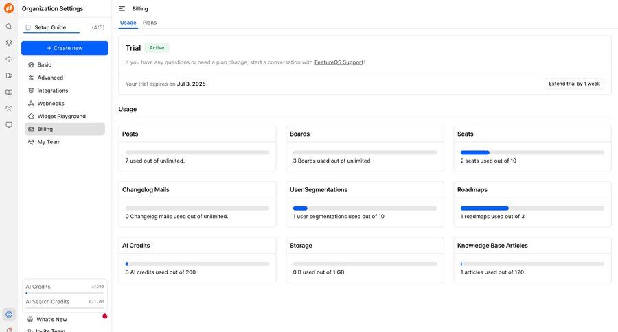 FeatureOS
			billing settings settings dashboard sidebar navigation account management onboarding progress indicator extend trial progress bar ui page example