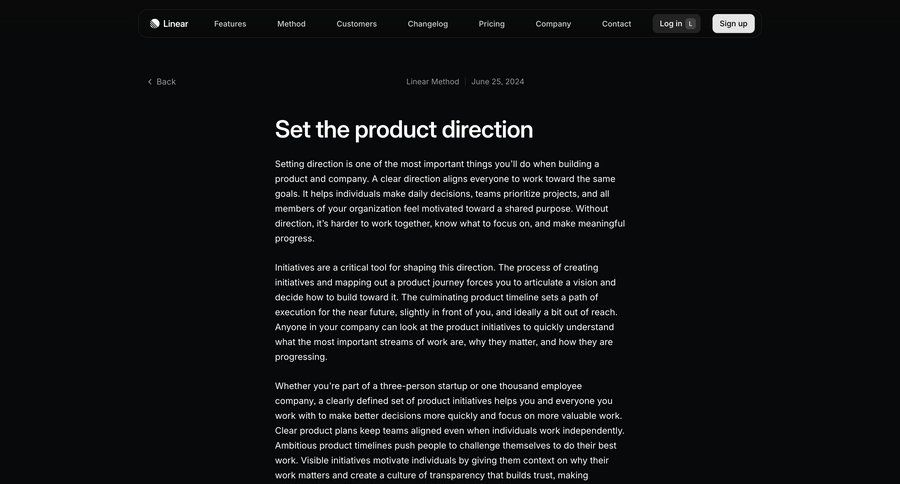 Linear
			article changelog (product) product page editorial blog post news article article feature article product update changelog update ui page example