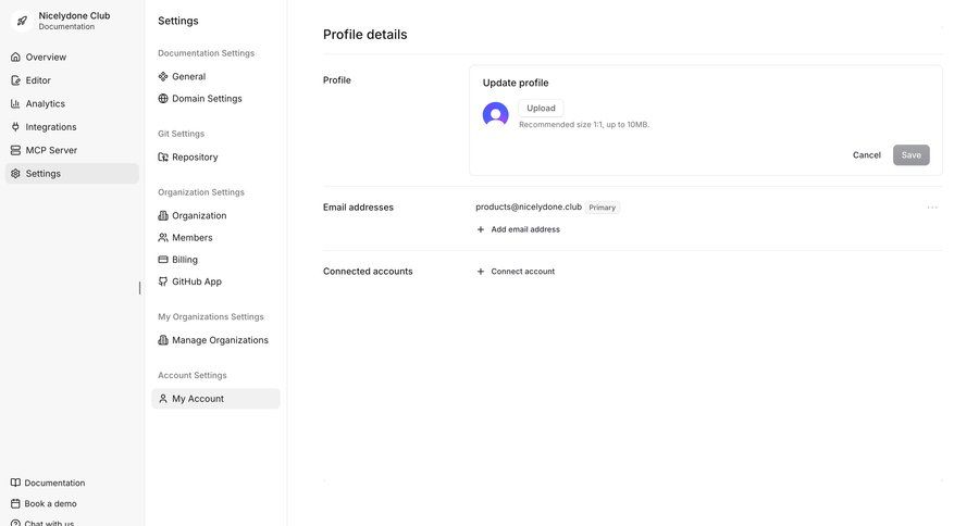 Documentation.AI
			 user profile account management profile settings avatar upload ui page example