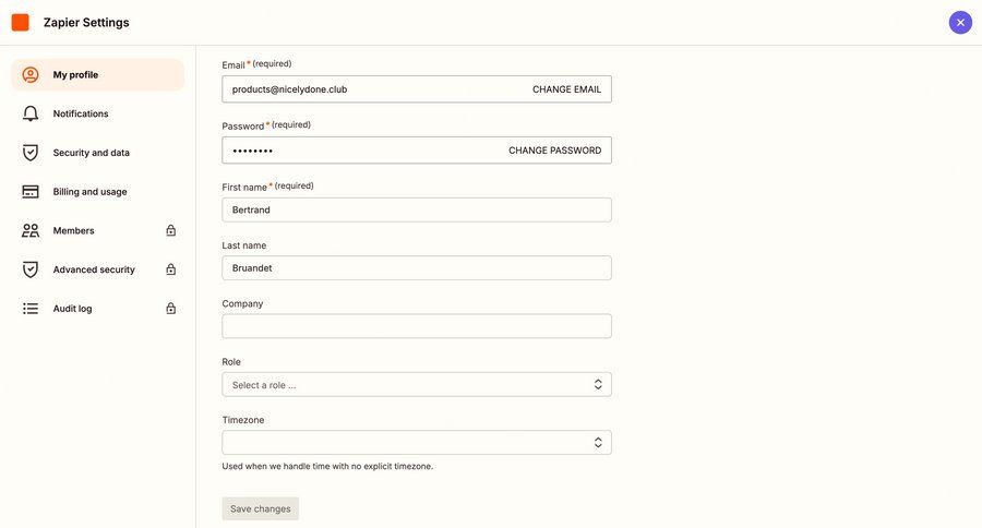 Zapier
			 settings sidebar navigation user management onboarding form account setup user settings profile settings account settings form layout save changes ui page example
