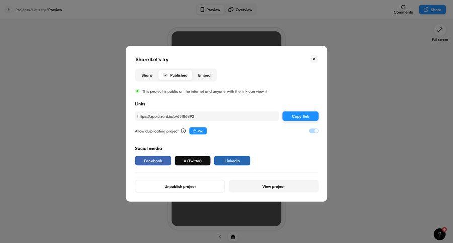 Uizard
			modal & popover sharing settings modal screen collaboration project management form share modal manage links duplicate sharing ui page example