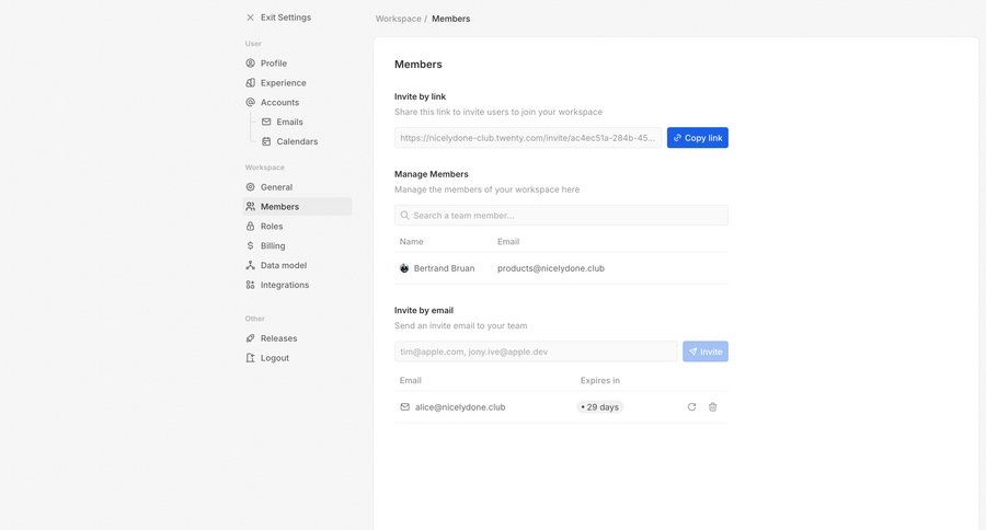 Twenty
			settings team team settings invite teammate configuration settings team collaboration user management grid onboarding form account setup user settings workspace settings sidebar ui page example
