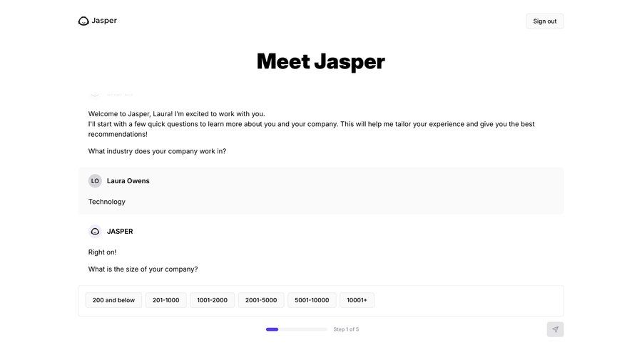 Jasper
			 onboarding form progress indicator conversational ui full-screen layout progress bar conversational ui page example