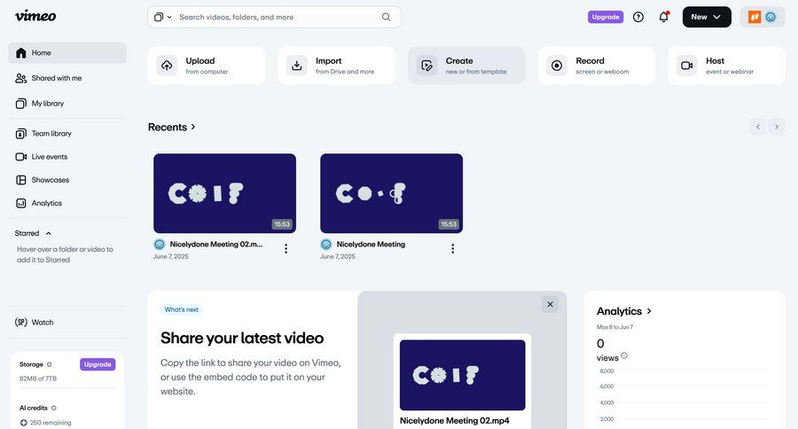 Vimeo
			 collaboration dashboard grid onboarding video management share modal sidebar progress bar search bar analytics sharing ui page example