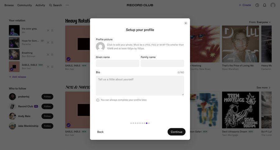 Record club
			 modal screen onboarding form progress indicator profile settings user account user profile user setup upload file user termination progress bar profile page profile creation ui page example