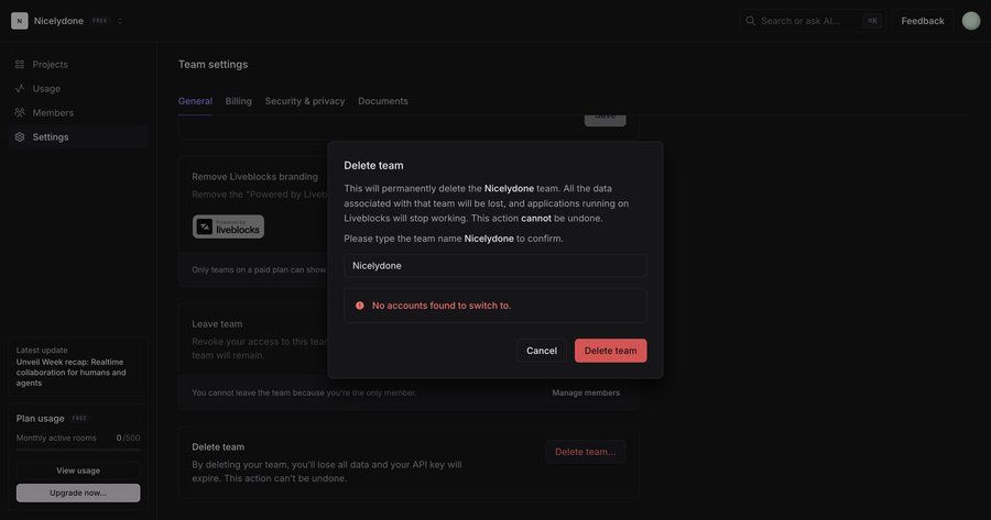 Liveblocks
			 confirmation modal dialog confirmation screen account deletion alert team management ui page example