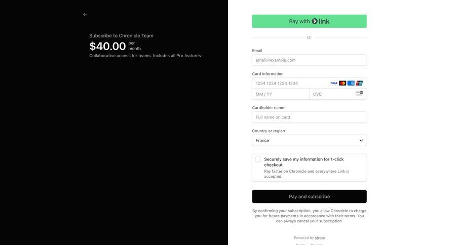 Chronicle
			checkout form plans & pricing (in app) e-commerce form finance subscription management full screen modal payment page ui page example