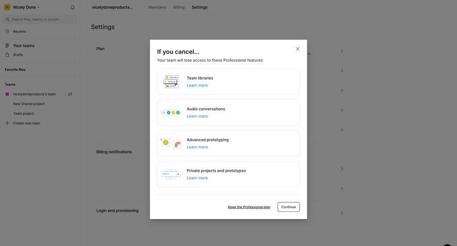 Figma
			cancel subscription modal screen settings sidebar navigation account management design account settings features ui page example
