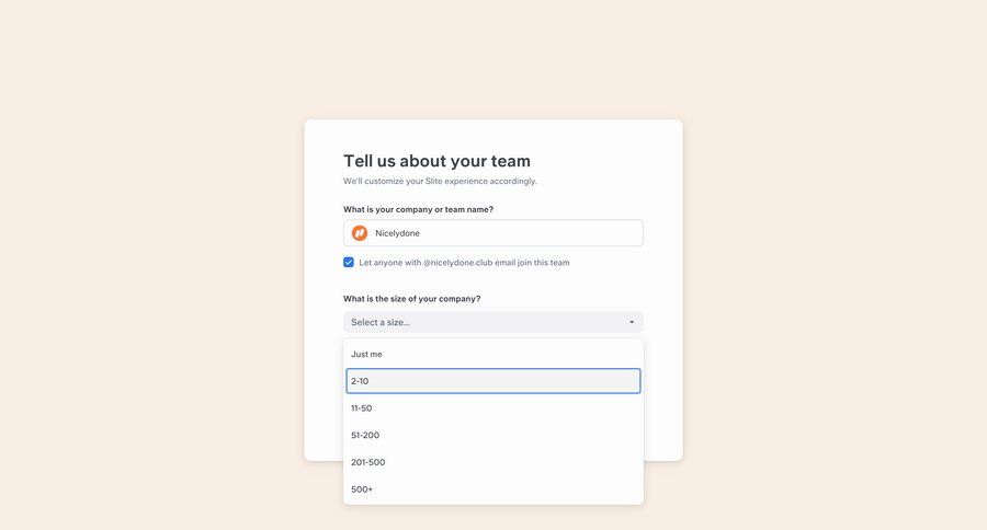 Slite
			 onboarding form team creation ui page example