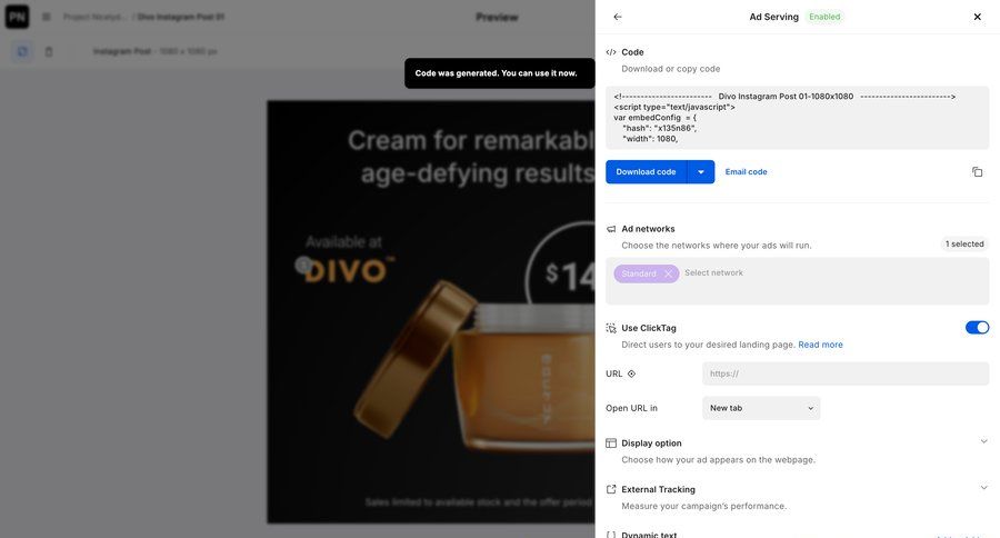 Creatopy
			 configuration settings campaign management code snippet ui page example