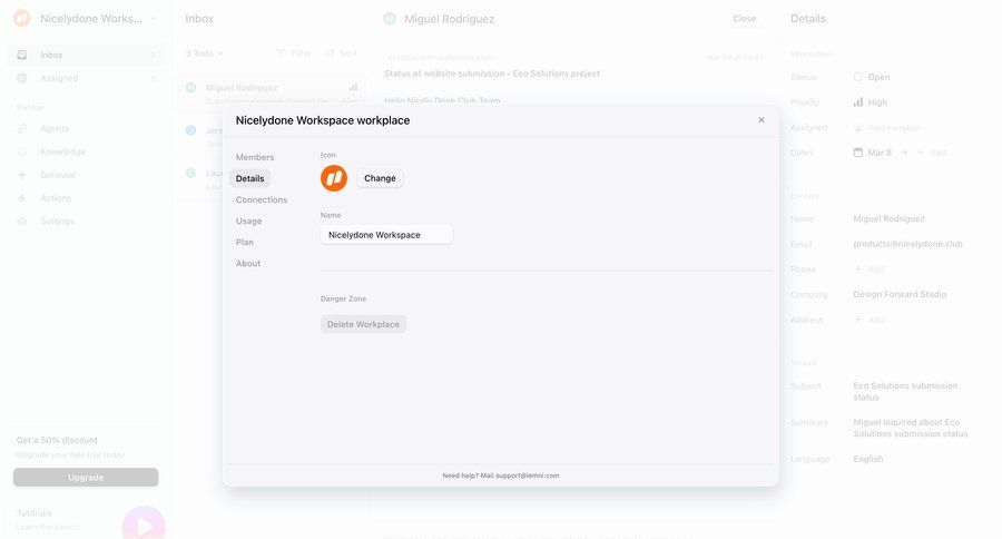 Lemni
			 configuration settings workspace settings workspace management email management email inbox call intelligence ui page example