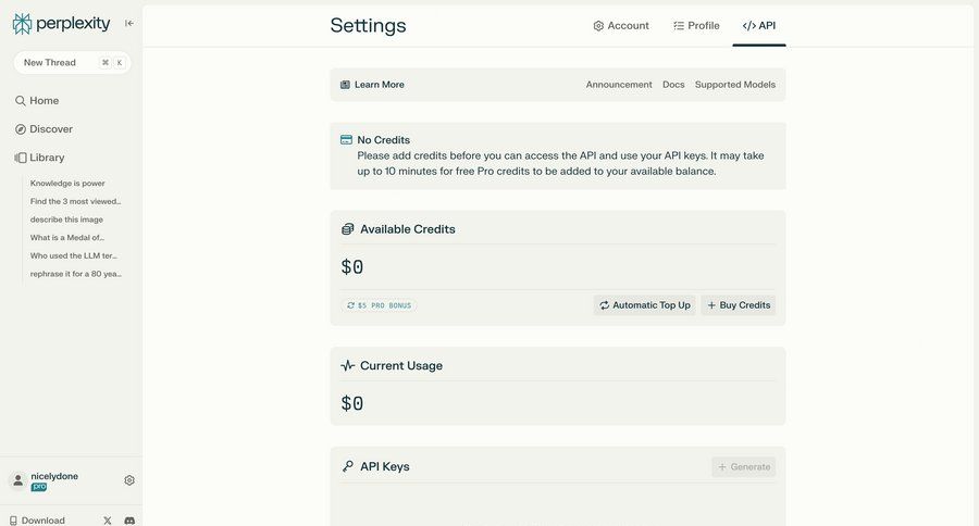 Perplexity
			 settings account management account setup account settings api management credits buy credits sidebar ui page example