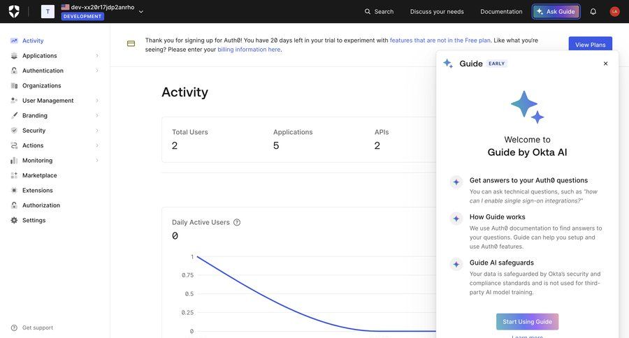 Auth0
			 modal screen dashboard sidebar navigation user management onboarding authentication onboarding modal activity tracking sidebar setup modern contextual help ui page example