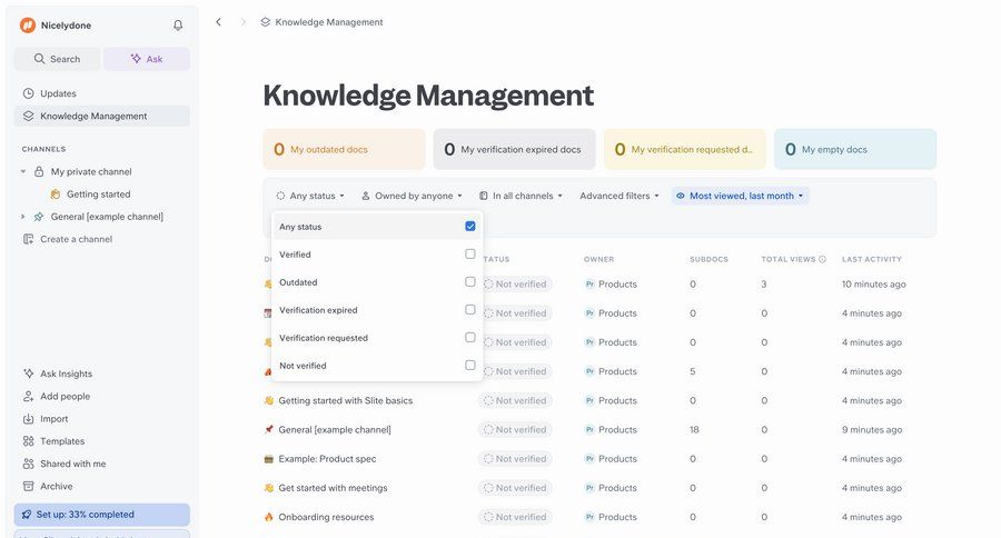 Slite
			 data management collaboration dashboard sidebar navigation knowledge management dropdown filters sidebar table ui page example