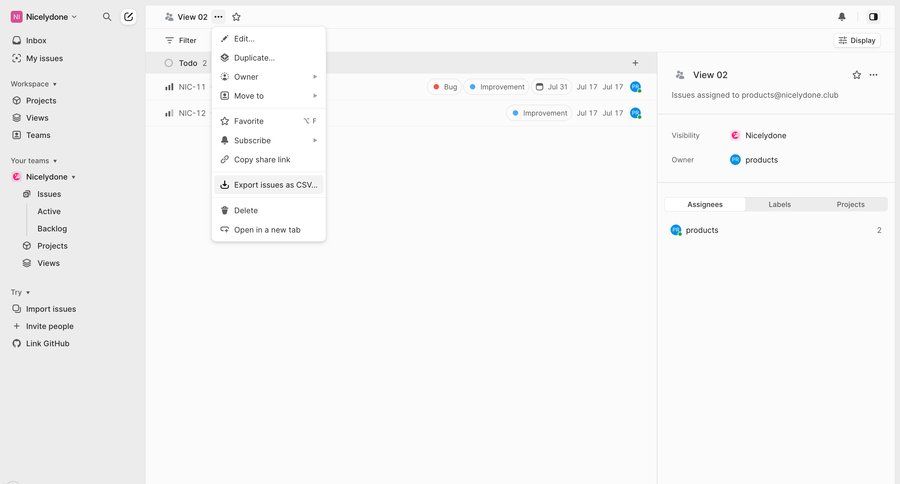 Linear
			 task management collaboration sidebar navigation project management data export exporting data issue tracking dropdown filters sidebar menu task management dashboard sharing ui page example