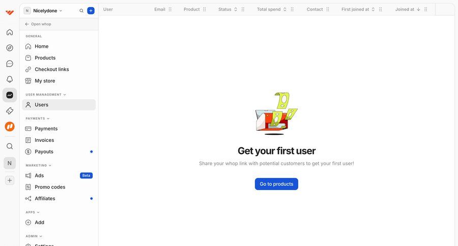 Whop
			 user management audience management getting started ui page example