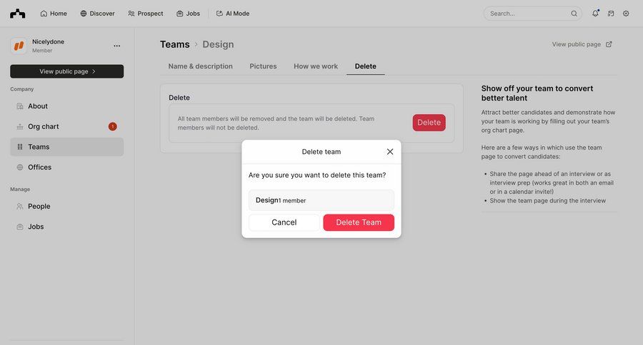The org
			 settings team collaboration sidebar navigation delete full-screen layout cancel deletion confirmation message ui page example
