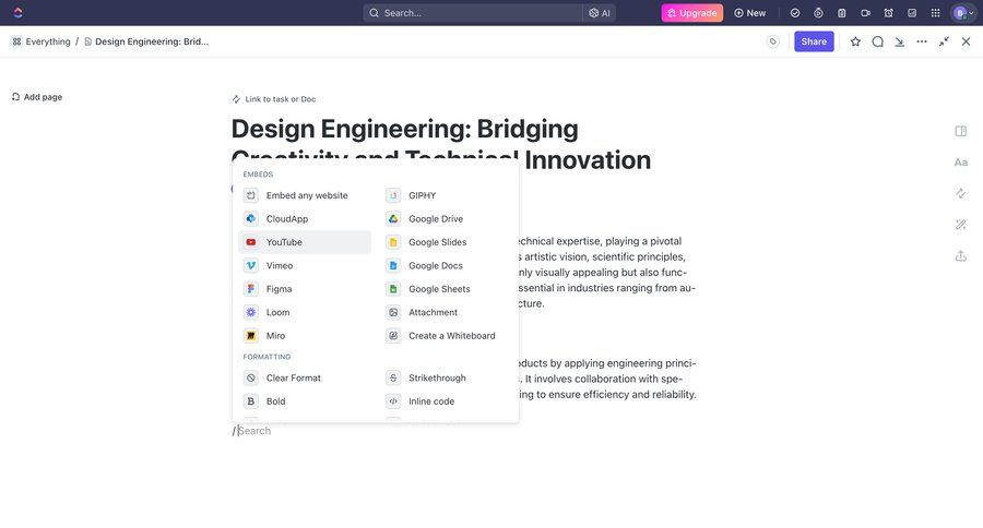 ClickUp
			content editor embed content management editor document editing document management menu inline edit ui page example