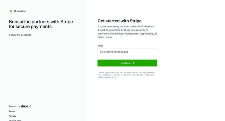 Bonsai
			 account management onboarding form account setup fintech email verification security signup create new account register integration partners payment processing ui page example