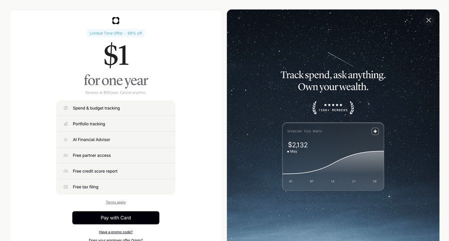 Origin Financial
			onboarding plans & pricing (in app) upgrade your account confirmation saas onboarding ui page example