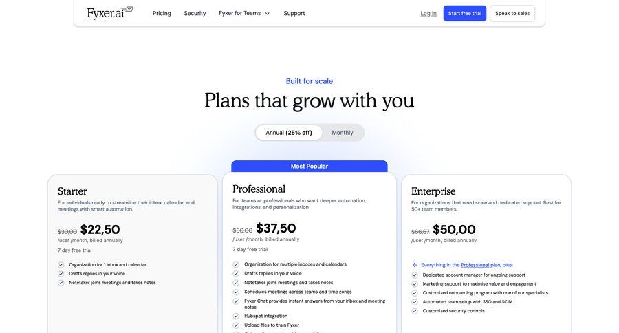 Fyxer
				plans & pricing ui page example