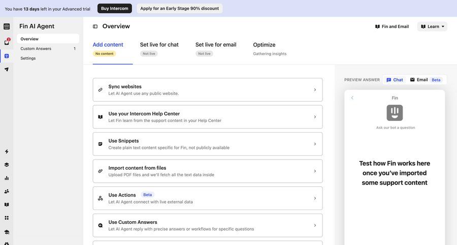 Intercom
			 content management configuration settings sidebar navigation artificial intelligence automation split view preview panel sidebar setup modern crm dashboard connect service live chat ui page example
