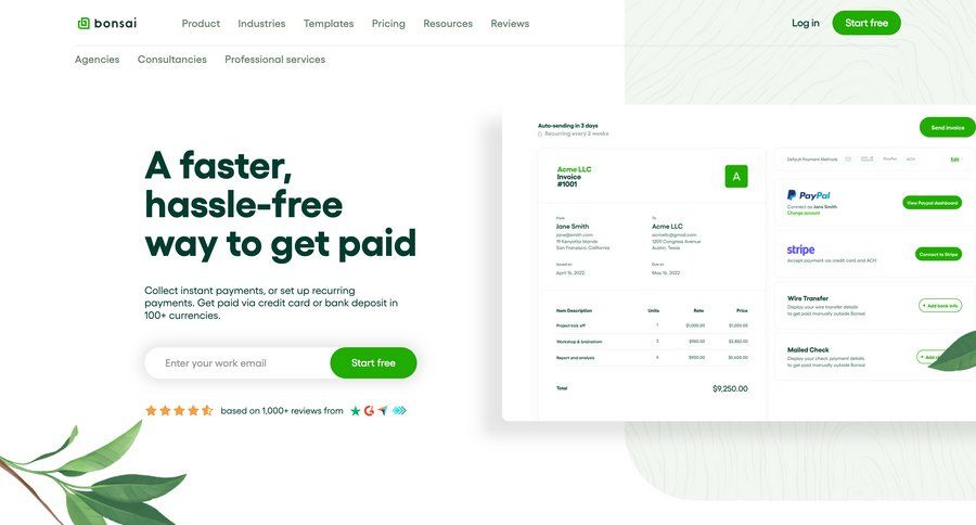 Bonsai
			 finance virtual assistant payment method free trial free account audit log call to action signup create new account register menu features contact us testimonials modern connect service affiliate program payment processing time tracking ui page example