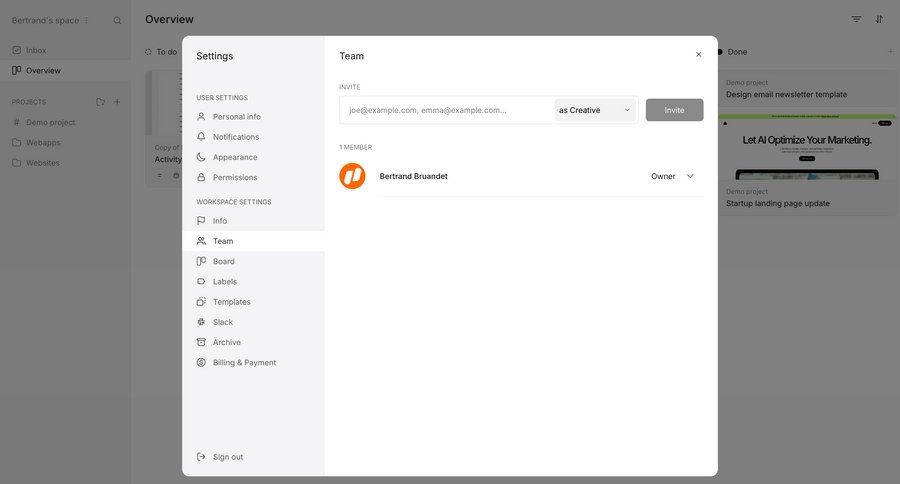 Workflow
			 collaboration settings form user settings workspace settings user invitation ui page example