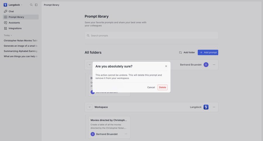 Langdock
			 sidebar navigation artificial intelligence modal confirmation folder management sidebar ui page example