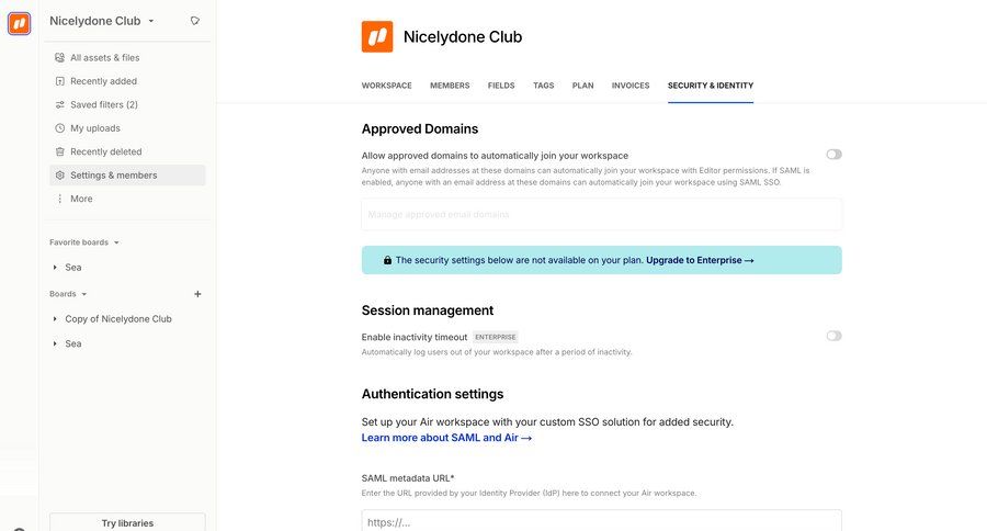 Air
			 authentication settings security sidebar navigation workspace management account setup configuration saml sso configuration screen ui page example