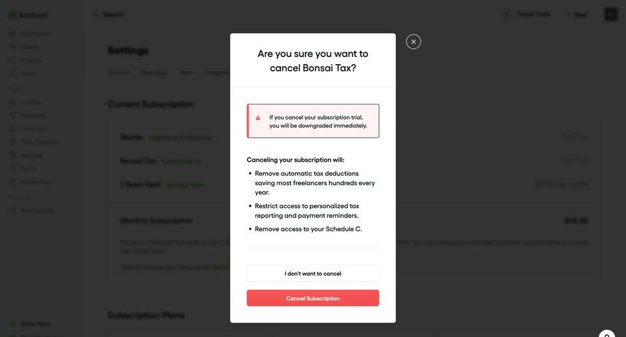 Bonsai
			settings cancel subscription billing settings settings account management subscription management cancel trial alert confirmation message ui page example