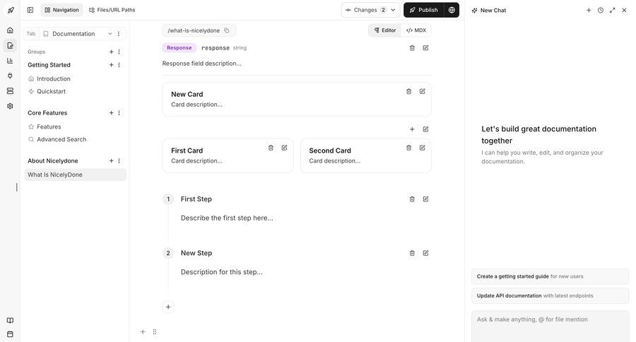 Documentation.AI
			 content management right sidebar three-column grid content management system hierarchical navigation sidebar chat documentation modern version control ui page example