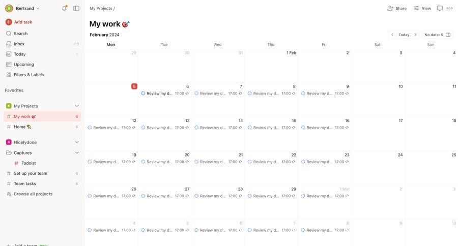 Todoist
			 task management dashboard sidebar navigation project management calendar screen sidebar date picker datepicker chonology time picker menu progress bar date filter ui page example