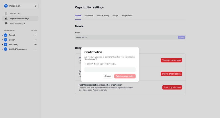 Tabular
			 settings account management form confirmation account deletion organization management data entry sidebar modern confirmation message ui page example