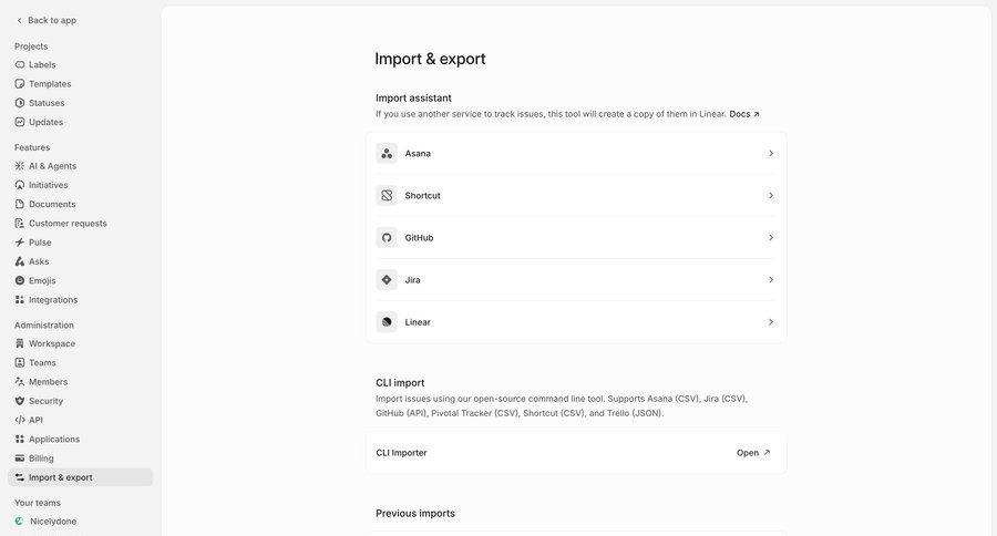 Linear
			settings import integrations data import ui page example