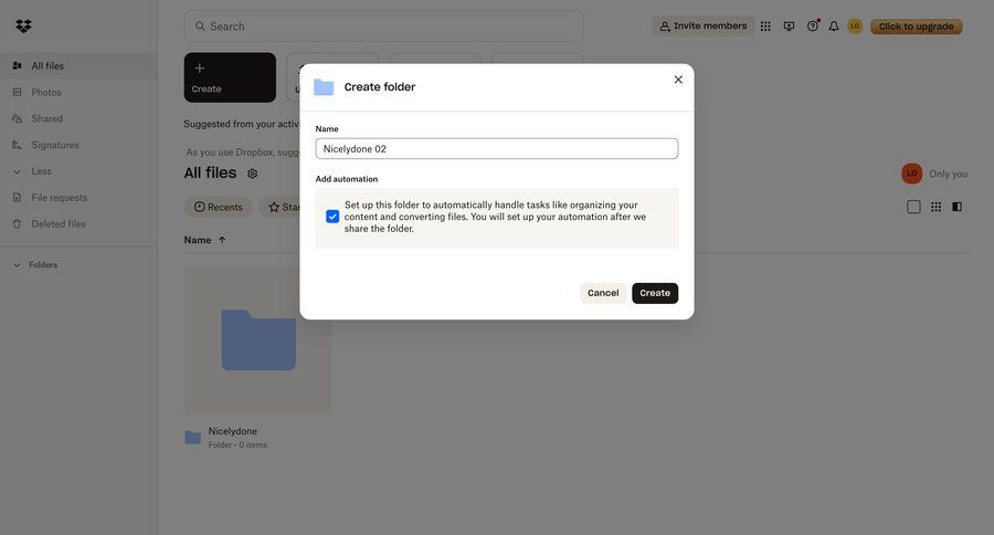 Dropbox
			create modal & popover collection settings modal screen sidebar navigation project management form automation modal dialog file management file organization minimalist design automation setup modern ui page example