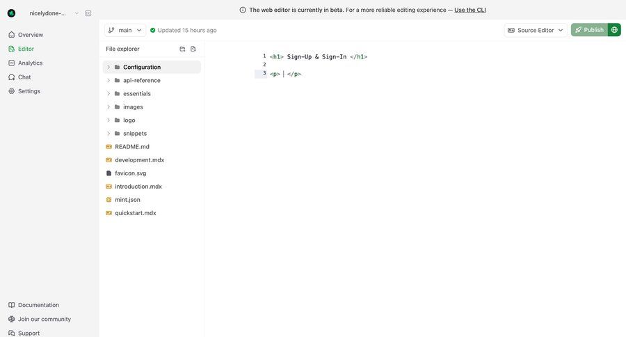 Mintlify
			 sidebar navigation editor tree view file management split view code editing sidebar menu code snippet ui page example