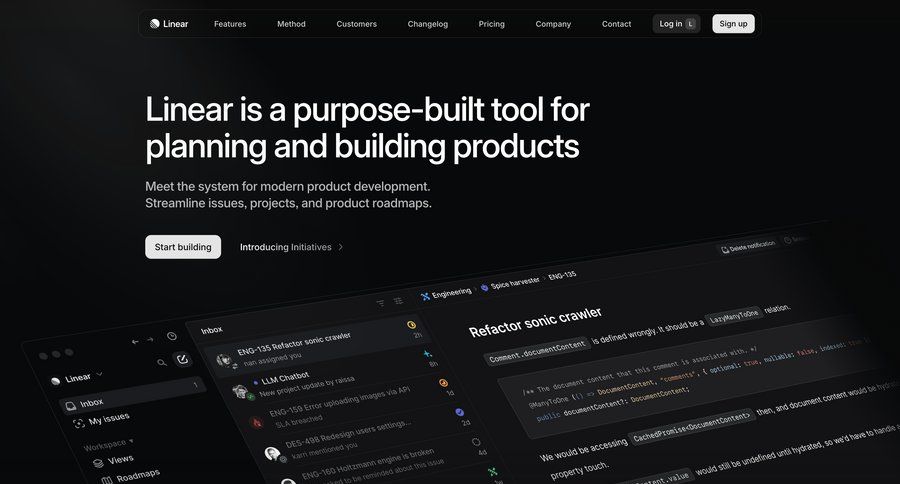 Linear
			 document list homepage home page changelog keyboard shortcuts timeline ui inline edit rich text comment mode ui page example