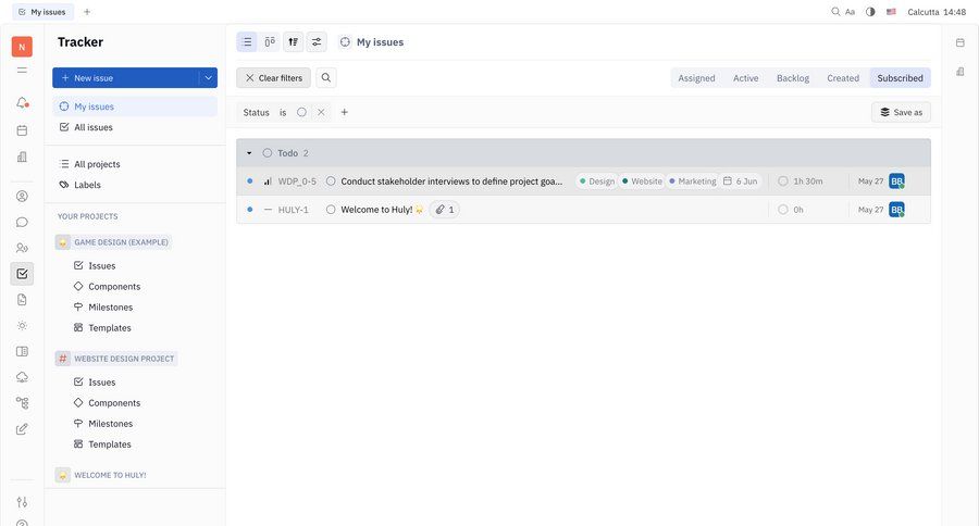 Huly
			 task management dashboard sidebar navigation project management grid project tracking issue tracking menu project dashboard ui page example