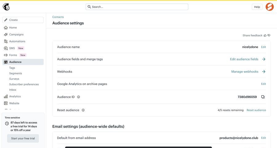 Mailchimp
			 configuration settings sidebar navigation onboarding progress indicator audience management sidebar new detail view modern email marketing webhook integration analytics integration webhook management ui page example