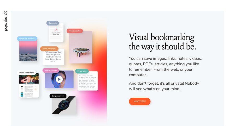 Mymind
			 content management grid onboarding rounded corners tutorial call to action setup on boarding mobile not found page not found guided tour modern ui page example