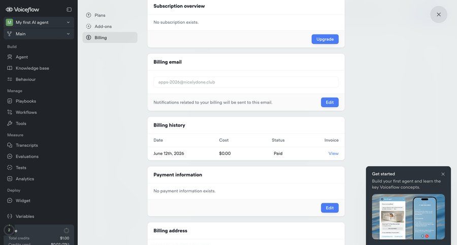 Voiceflow
			 account settings subscription management billing history ui page example