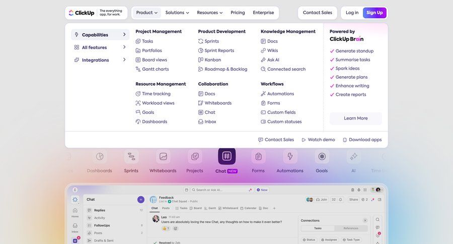 ClickUp
			 homepage home page download report ui page example