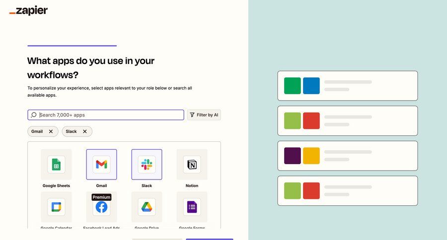 Zapier
			 modal screen grid onboarding form workflow automation search bar ui page example