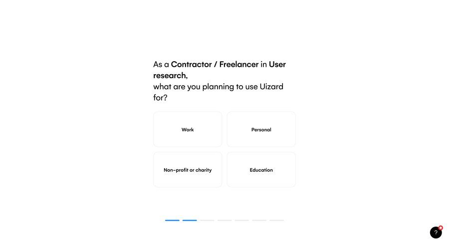 Uizard
			 onboarding user research progress indicator account creation ui page example