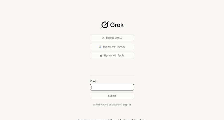 Grok
			 onboarding form user authentication account creation authentication user account full-screen layout call intelligence auth signup create new account register ui page example