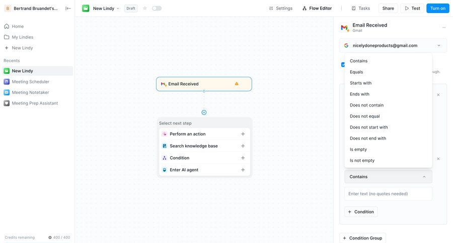 Lindy
			 configuration sidebar navigation grid workflow automation editor conditional logic full-screen layout workflow configuration email workflow editor sidebar ui page example