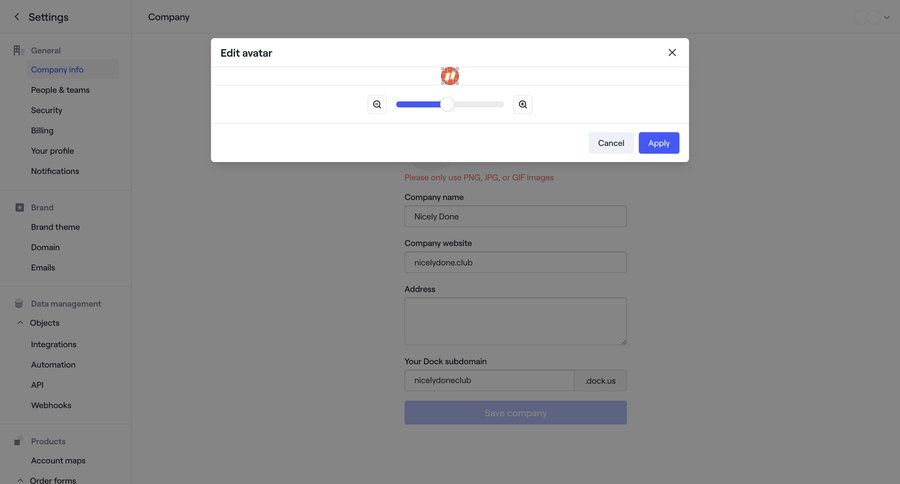 Dock
			 settings workspace settings modal dialog cancel action controls ui page example
