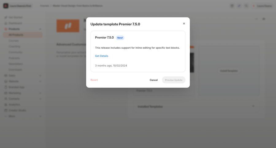 Kajabi
			 modal dialog update inline edit version control ui page example