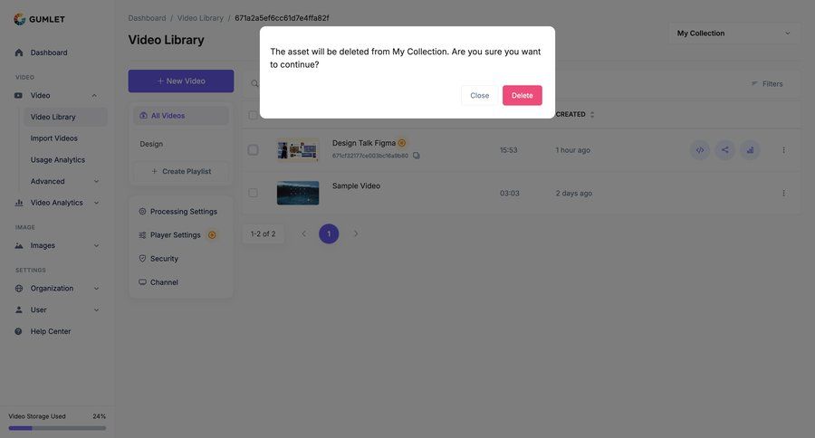 Gumlet
			 content management sidebar navigation video management delete modal confirmation cancel deletion dropdown filters sidebar menu progress bar pagination confirmation message ui page example